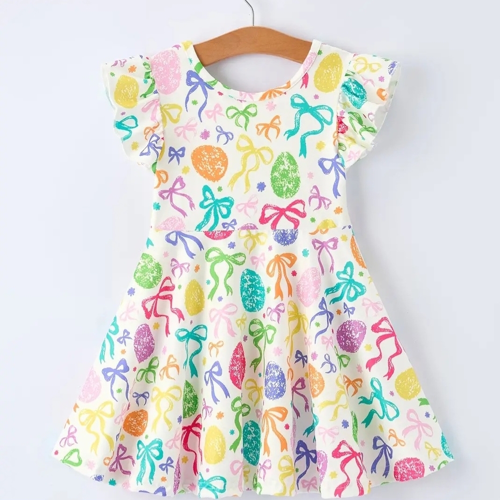Vibrant Bow Print Kids Casual Dress